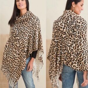 NWT CHICO’S cowl neck poncho leopard animal print one size fringe boho summer